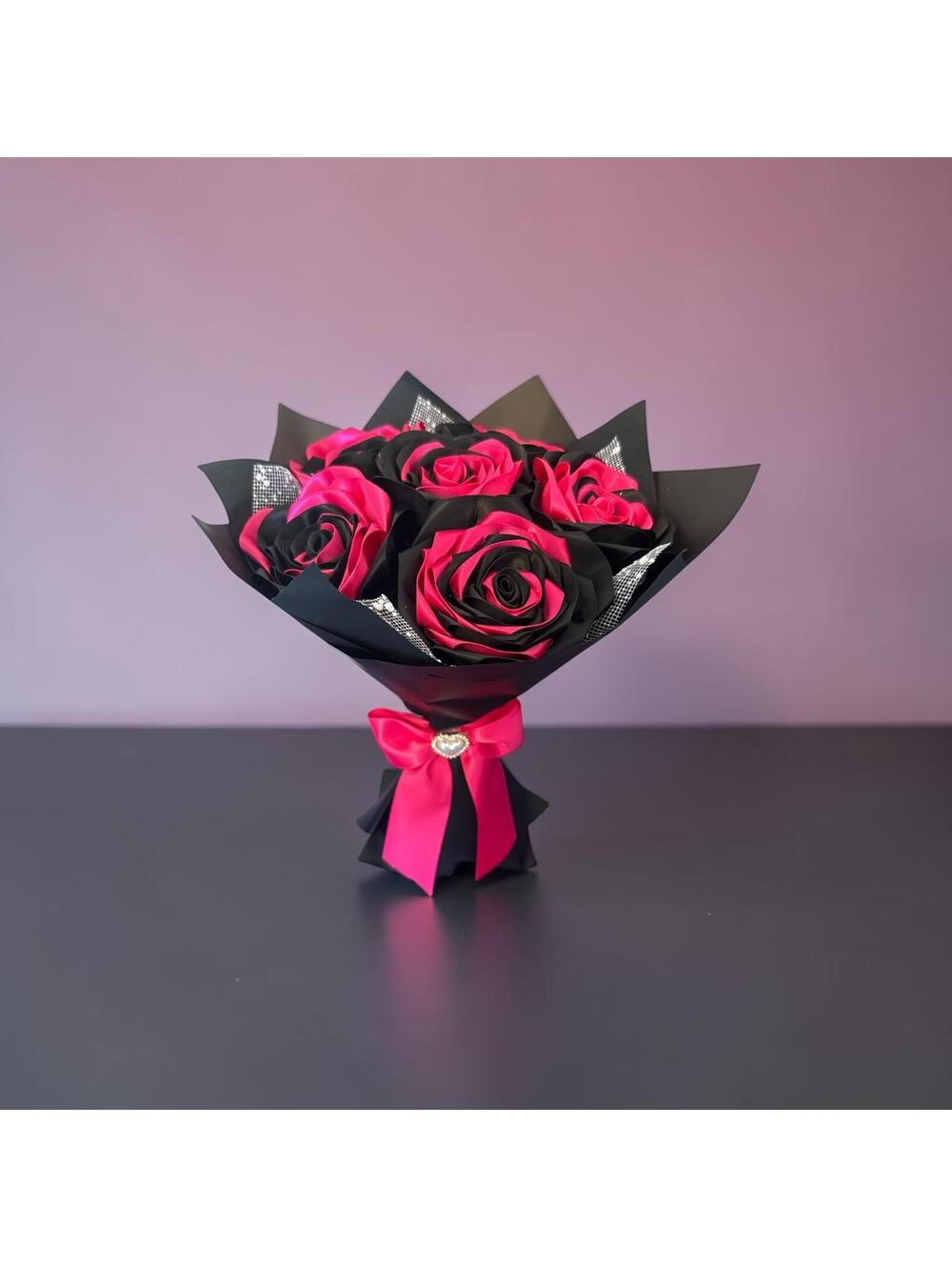 Handmade Black and Hot Pink Satin Rose Bouquet with Satin Ribbon